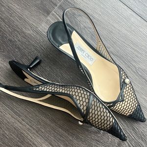 JIMMY CHOO Amita 45 Kitten Heel
Black Fishnet Mesh Nappa Slingback Pumps 41
